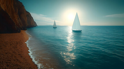 Seascape with sailboats near a rocky shore at sunset