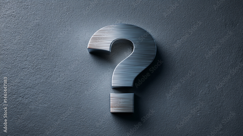 Poster metal question mark on dark textured background, symbolizing inquiry, uncertainty, or problem-solvin