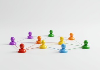 Colorful human figures connected by strings representing a social network on a white background