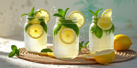 refreshing image of three to four mason jars filled with icy lemonade, garnished with fresh sprigs of mint and thin slices of lemon, placed on a rustic wooden table or a woven beach mat