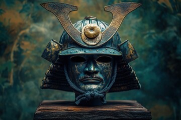 Antique samurai helmet, dark, aged, and captivating.