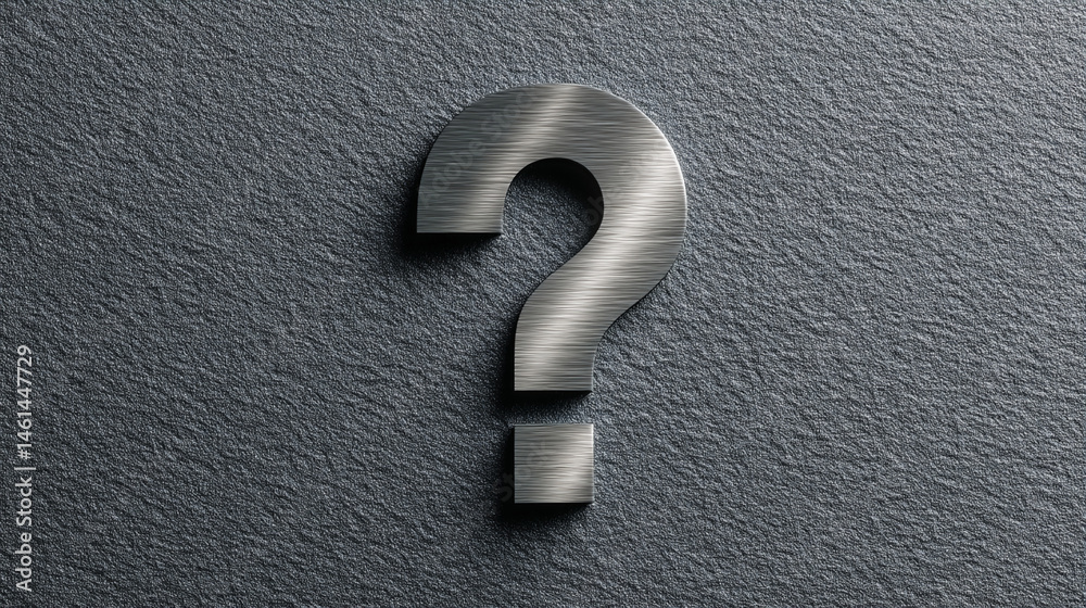 Poster metal question mark on dark gray textured background, symbolizing inquiry, uncertainty, or the searc