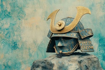 Aged samurai helmet rests atop a stone.
