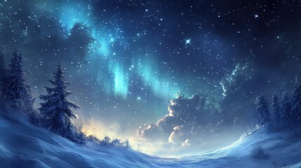 Naklejka premium Snowy winter landscape at night under vibrant aurora borealis and starry sky.