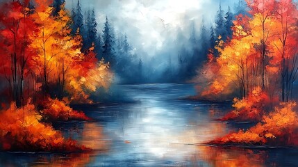 Fototapeta premium Autumnal forest scene by a serene lake.