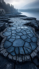 Intricate rock formations along a misty shoreline