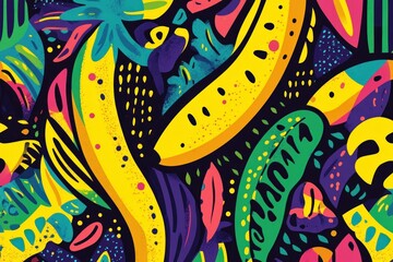 vibrant abstract illustration featuring colorful tropical motifs including bananas, leaves, and abstract shapes. bold color palette creates dynamic design. summer themed textile, background.
