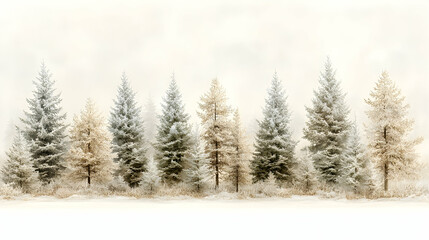 Winter forest scene, frosted trees in soft pastel colors