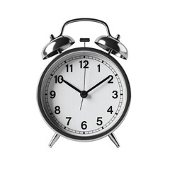 Classic silver analog alarm clock with two bells and black hands showing the time 10:10.