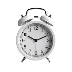 Classic white alarm clock with two bells and bold black numerals.