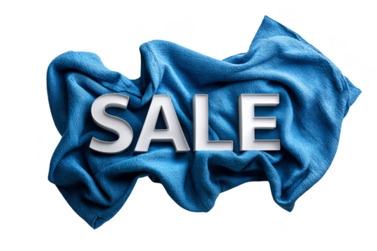 Prominent sale text on a textured fabric background. Png, Transparent background.