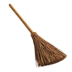 A traditional straw broom with a wooden handle and natural bristles.