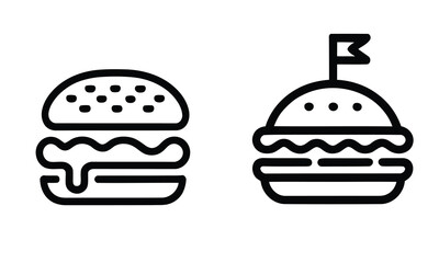 Minimal black and white burger icons with sesame seed buns and cheese, one featuring a small flag on top
