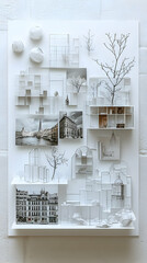 Architectural model showcasing miniature buildings, photos, and nature elements on a white board, creating a cohesive design presentation