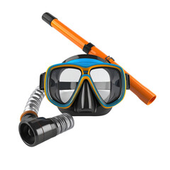 A diving mask with a snorkel and breathing tube designed for underwater exploration and swimming.