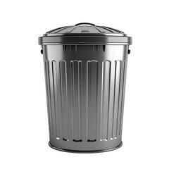 Classic metal trash can with a lid and vertical ridges, commonly used for waste disposal.
