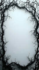 Dark, intricate branches frame a light, empty space