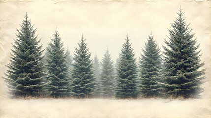 Row of frosted evergreen trees in a misty winter landscape