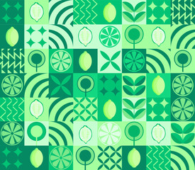 Lemon minimalistic geometric background. Vector abstract style pattern. Bauhaus trend. Abstract illustration of lemon, leaves, symbols. Simple icon.	
