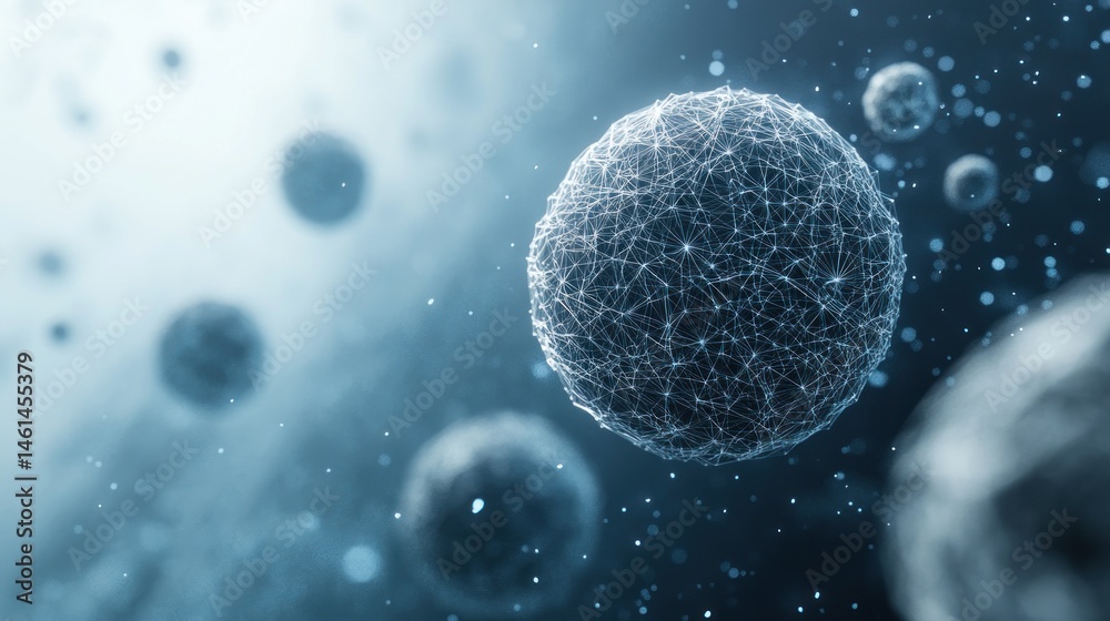 Poster abstract 3d rendering of interconnected spheres, representing networks or cells.