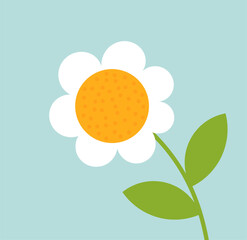 Cute white flower over blue sky background. Simple flower flat design element. Vector illustration.