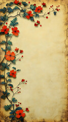 Antique parchment background adorned with a vibrant, winding vine of red flowers and green leaves