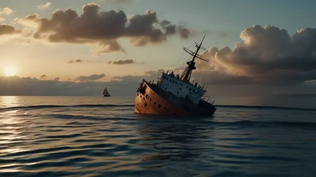 dramatic sea incident as a ship is about to sink at sunset
