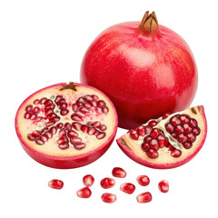 Close up of whole and sliced pomegranates with seeds on dark surface on transparent background