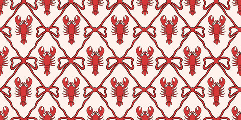Amalfi. Italy. Seamless Trellis with lobster bow and ribbon. Vector illustration of seamless lobster background. Perfect Coquette style food wrapping paper wallpaper print template design. EPS 10