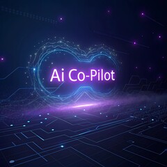 The text AI Co-Pilot illuminated in neon on a futuristic cyberspace backdrop, representing a collaborative artificial intelligence assistant and next-generation automation working alongside humans to 