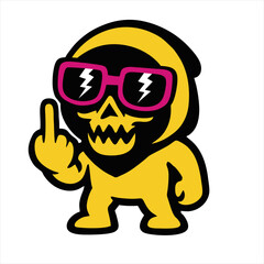 Cartoon Yellow Skull Character with Middle Finger Gesture and Sunglasses