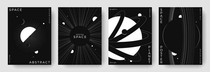 Set of abstract space astronomy backgrounds. Line art simple planet, galaxy, black hole. Black and white science future concept. Futuristic minimal design for cover, poster, banner, flyer, brochure © Anastasiya Stoma