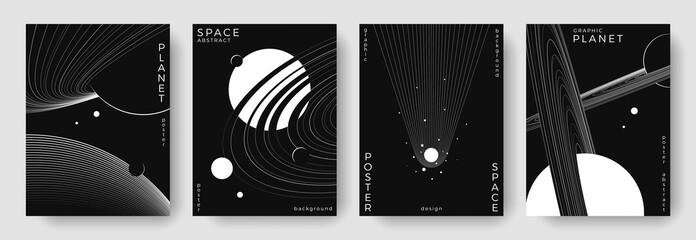 Set of abstract space astronomy backgrounds. Line art simple planet, meteorite. Black and white science future concept. Futuristic minimal design for print, cover, poster, banner, flyer, brochure, ads