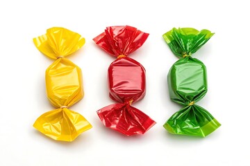 Colorful wrapped candies isolated on white background, yellow, red, green