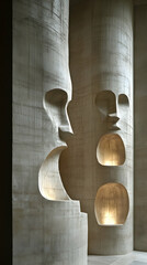 Abstract concrete wall carvings with recessed faces and light