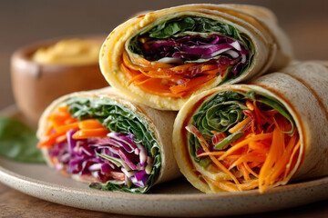 Healthy rainbow vegetable wraps on plate