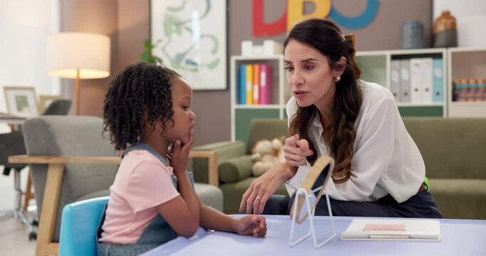 Learning, woman and therapist with child, mirror and adhd with education, questions and help. Talking, psychology and girl kid in therapy with counseling evaluation, language assessment and answer
