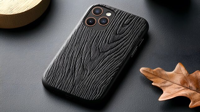 Black Textured Smartphone Case with Phone on Dark Background