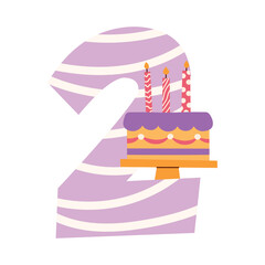 Illustration of the number 2 and a birthday cake with candles. Birthday 2 years old child. Vector illustration isolated on transparent background.
