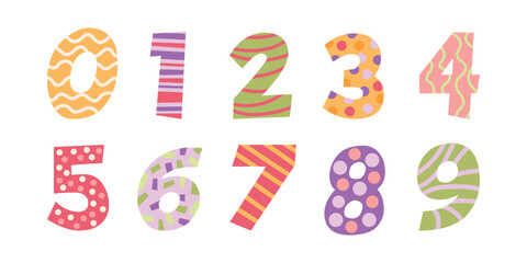 Collection of numbers from 0 to 9. 1, 2, 3, 4, 5, 6, 7, 8, 9, 0 illustration set. Cute pastel numbers for different ages of kids for birthday party. Vector illustration isolated on white background.