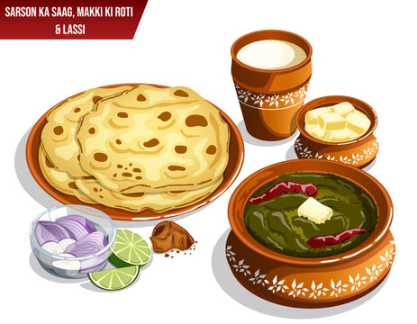 Sarson Ka Saag, Makki Ki Roti, Lassi, Butter, Jaggery, Onion, Daikon and Lime Served in Clay Pots, Plate and Glass. Traditional Indian Punjabi Cuisine Detailed Illustration