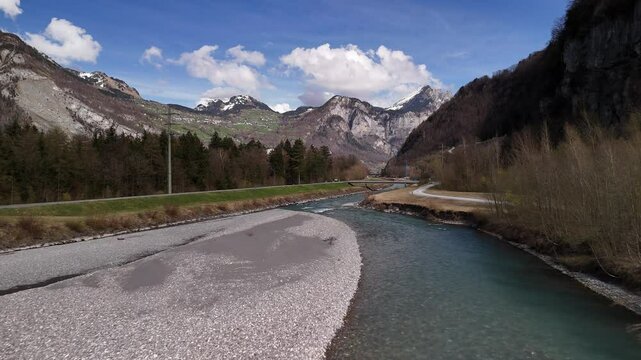 Linth river flows into Lake Zurich Switzerland nature Obersee Glarus canton, aerial