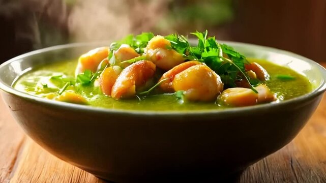 Hot Green Shrimp Soup with Fresh Parsley on a Polished Wooden Table in Ceramic Bowl in Warm Light Delicious Seafood Dish and Gourmet Presentation