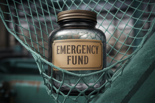 Glass jar with "Emergency Fund" label, nestled in a teal net, symbolizes financial security and preparedness for unexpected events