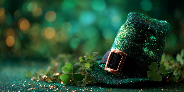 Green glitter leprechaun hat with shamrocks, gold confetti on dark green background, St Patrick's Day festive scene, free space for text