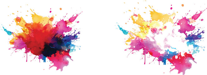 Bright colorful watercolor splash splatter stain brush strokes on white background. Modern vibrant aquarelle spot. Aquarelle explosion on white. Element. Vector watercolor illustration isolated design