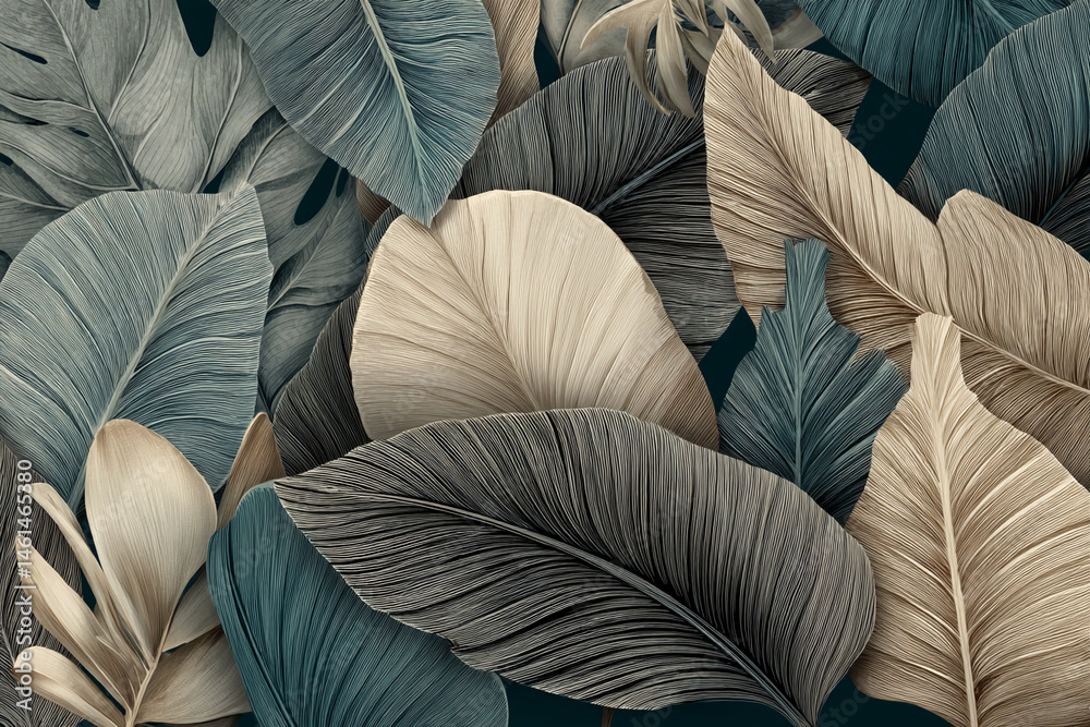 Aufkleber detailed close-up of textured leaves in beige and teal shades, creating a lush and sophisticated bot