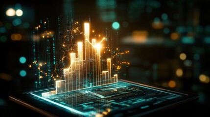 Futuristic display of digital graph projecting from a tablet representing financial growth and technological advancements with a glowing effect.
