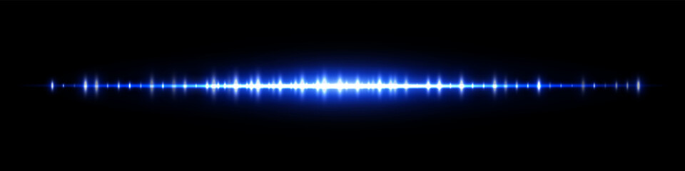 Blue soundwave with glowing bars and mirror effect on black. Perfect for electronic audio interface, modern music visuals, voice recording design, signal transmission and digital media.