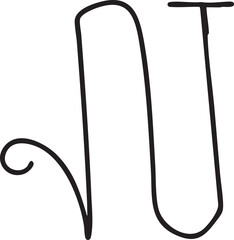 A stylized black-ink of a curved letter 'U' with an elegant swirling flourish.